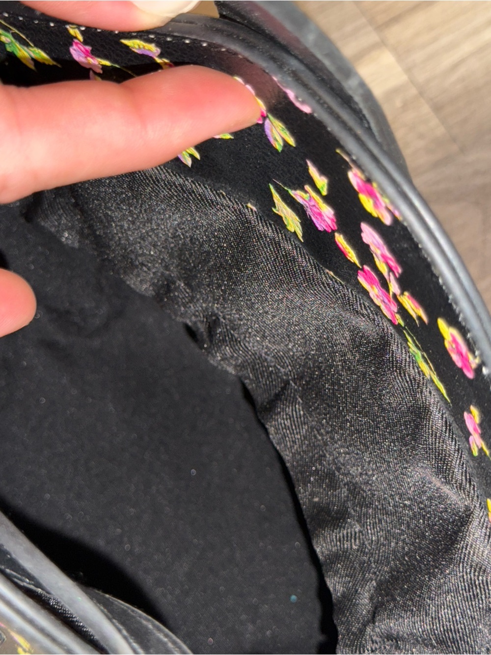 Floral Mini Bucket Crossbody Bag Black Pink Flower Print Purse - Picture 9 of 10